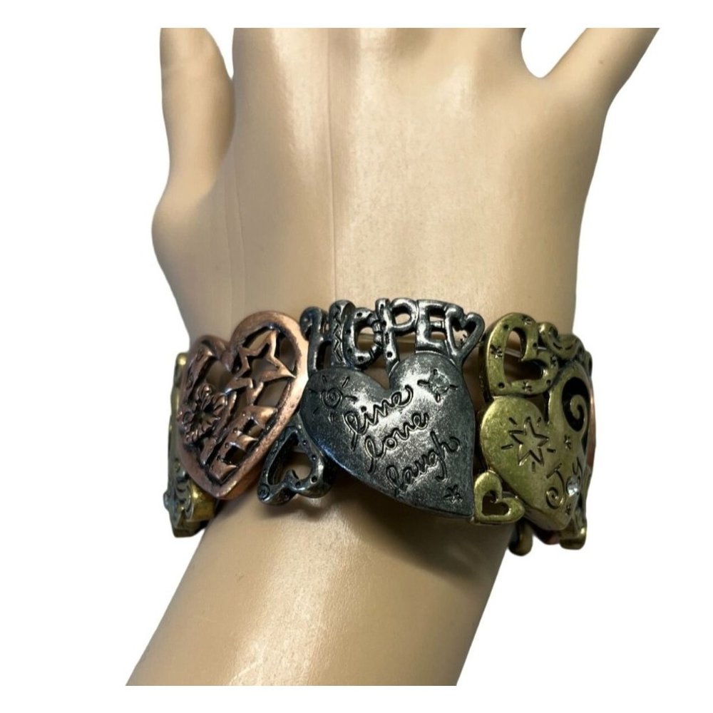 Live Laugh Love Chunky Bracelet Metal Tones Chunky Hearts Stretchy
